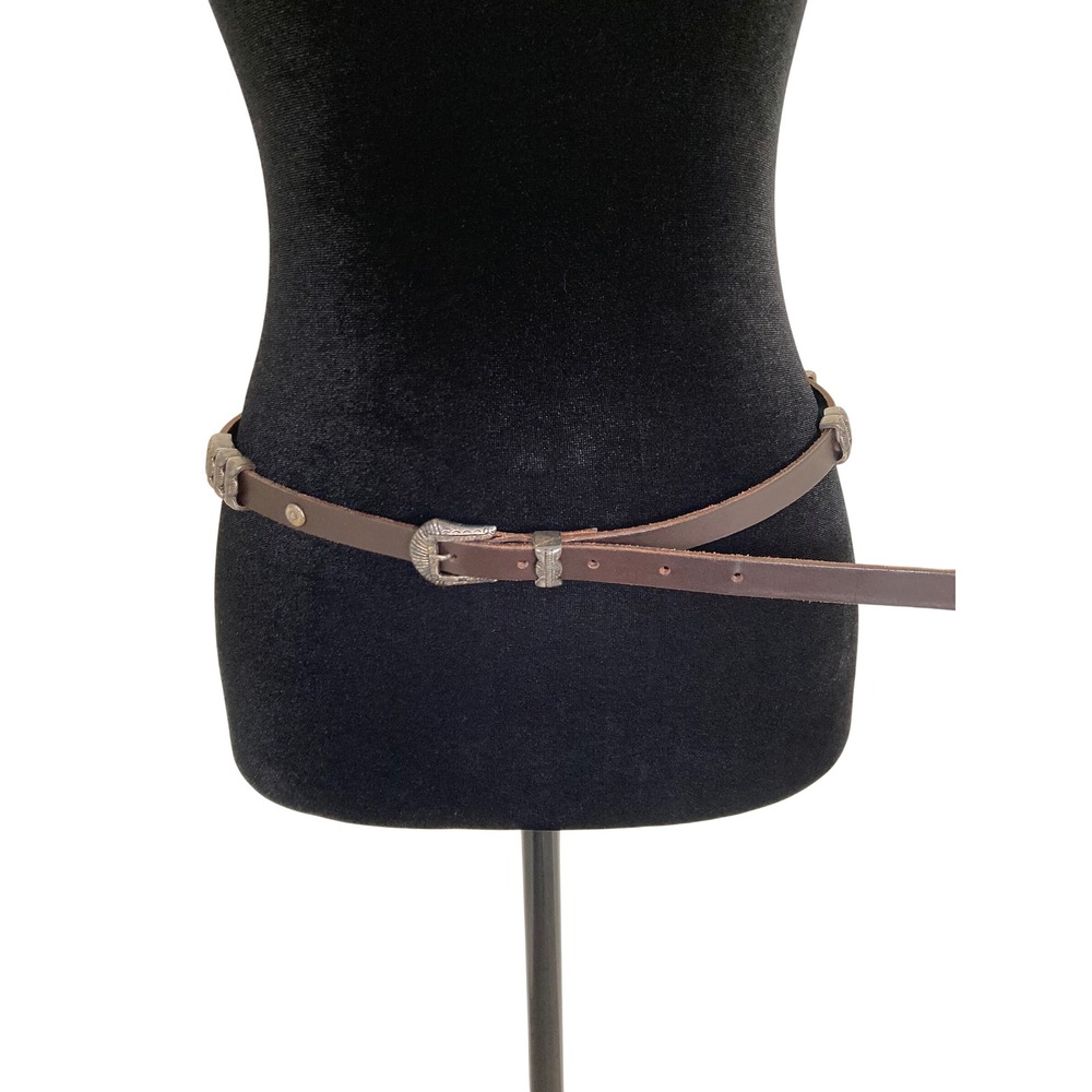 Brown Genuine Leather Skinny Western Belt Silver Etched Buckle Made in Italy L